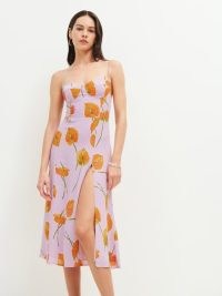 Reformation Juliette Dress in Luciana / strappy lilac and orange floral dresses / high split leg detail / skinny shoulder straps with sweetheart neckline