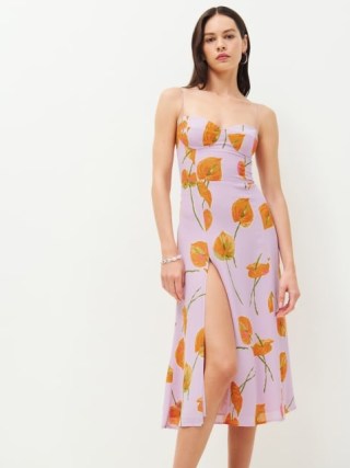 Reformation Juliette Dress in Luciana / strappy lilac and orange floral dresses / high split leg detail / skinny shoulder straps with sweetheart neckline - flipped