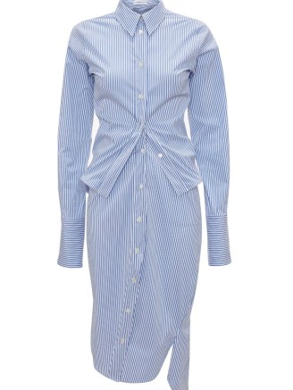 JW Anderson stripe-pattern layered shirtdress in blue/white ~ chic asymmetric curved hem shirtdresses ~ blue and white striped shirt dress ~ contemporary collared dresses - flipped