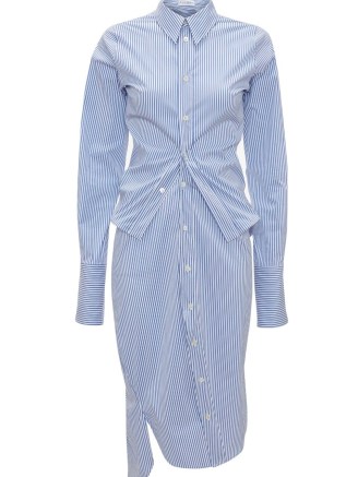 JW Anderson stripe-pattern layered shirtdress in blue/white ~ chic asymmetric curved hem shirtdresses ~ blue and white striped shirt dress ~ contemporary collared dresses