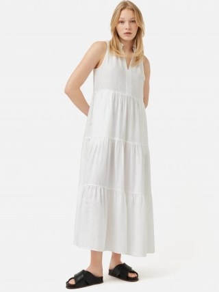 JIGSAW Linen Tiered Maxi Dress in White – women’s long length sleeveless summer dresses - flipped