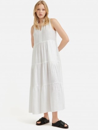 JIGSAW Linen Tiered Maxi Dress in White – women’s long length sleeveless summer dresses