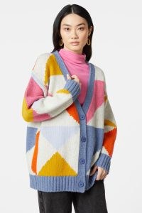 gorman Kite Flying Cardi | geo pattern cardigan | women’s relaxed fit geometric cardigans | oversized knitwear | drop shoulders | slouchy knits
