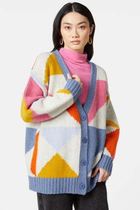 gorman Kite Flying Cardi | geo pattern cardigan | women’s relaxed fit geometric cardigans | oversized knitwear | drop shoulders | slouchy knits