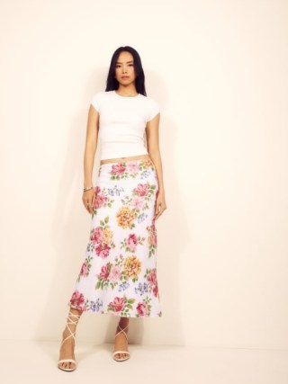 Reformation Layla Linen Bias Cut Skirt in Giverny / floral slip skirts - flipped