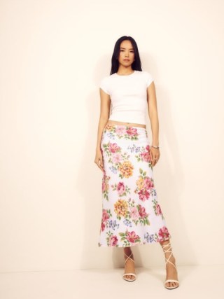 Reformation Layla Linen Bias Cut Skirt in Giverny / floral slip skirts