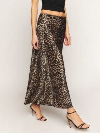 Reformation Layla Silk Skirt in Leo ~ silky brown long length animal print skirts ~ fluid fabric clothes with leopard prints - flipped