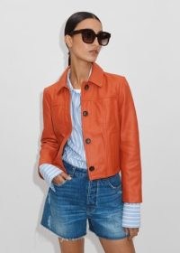 ME and EM Leather Cropped Jacket in Brilliant Orange / women’s chic sustainable by-product clothing / vibrant luxury jackets