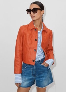 ME and EM Leather Cropped Jacket in Brilliant Orange / women’s chic sustainable by-product clothing / vibrant luxury jackets - flipped