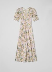L.K. BENNETT Leith Cream Valerian Flower Silk Metallic Stripe Dress – luxury floral print summer occasion dresses – vintage style clothes