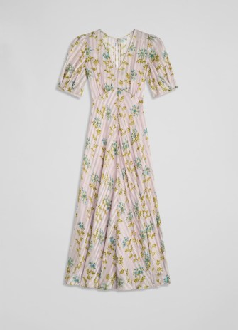 L.K. BENNETT Leith Cream Valerian Flower Silk Metallic Stripe Dress – luxury floral print summer occasion dresses – vintage style clothes - flipped