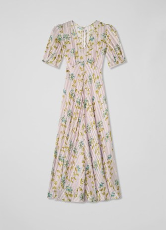 L.K. BENNETT Leith Cream Valerian Flower Silk Metallic Stripe Dress – luxury floral print summer occasion dresses – vintage style clothes
