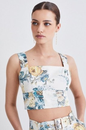 KAREN MILLEN Lydia Millen Petite Trailing Floral Cotton Sateen Crop Top / sleeveless cropped square neck tops - flipped