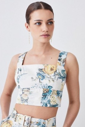KAREN MILLEN Lydia Millen Petite Trailing Floral Cotton Sateen Crop Top / sleeveless cropped square neck tops