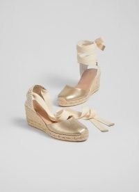 L.K. BENNETT Maureen Gold Metallic Leather Espadrilles ~ wedged ankle wrap espadrille sandals