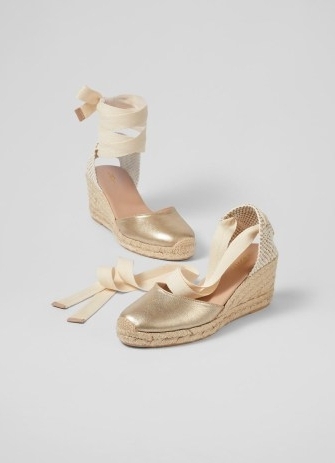 L.K. BENNETT Maureen Gold Metallic Leather Espadrilles ~ wedged ankle wrap espadrille sandals - flipped