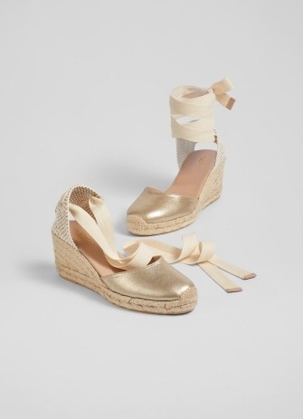 L.K. BENNETT Maureen Gold Metallic Leather Espadrilles ~ wedged ankle wrap espadrille sandals