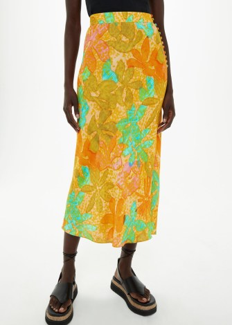 WHISTLES PALM FLORAL SIDE BUTTON SKIRT | orange and green midi skirts | reto style prints on women’s clothes - flipped