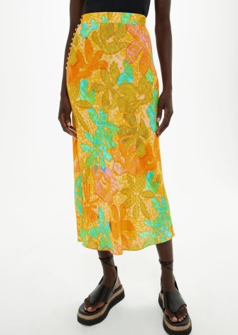 WHISTLES PALM FLORAL SIDE BUTTON SKIRT | orange and green midi skirts | reto style prints on women’s clothes