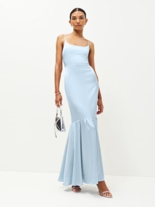 Reformation Nasha Satin Dress in Mineral / silky light blue trumpet hem maxi dresses / luxe summer occasion fashion / skinny shoulder straps / strappy event clothing / spaghetti strap clothes / elegant occasionwear