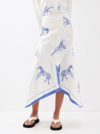 RÓHE Horse-print silk-satin midi skirt – fluid bias cut skirts with an asymmetric hemline – luxe silky clothing – asymmetrical handkerchief hem