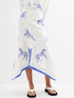 RÓHE Horse-print silk-satin midi skirt – fluid bias cut skirts with an asymmetric hemline – luxe silky clothing – asymmetrical handkerchief hem - flipped