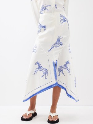RÓHE Horse-print silk-satin midi skirt – fluid bias cut skirts with an asymmetric hemline – luxe silky clothing – asymmetrical handkerchief hem