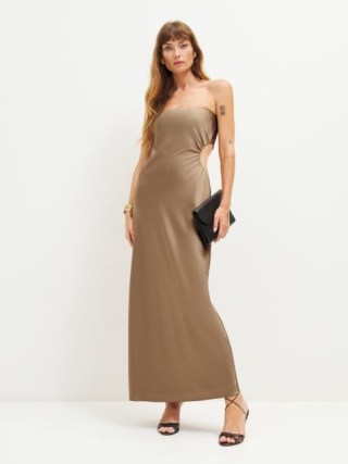 Reformation Nevaeh Satin Dress in Chanterelle – silky mushroom brown strapless dresses – luxury cut out evening fashion – straight bandeau neckline – slight ruching – ruched occasion clothes – women’s long length party clothing