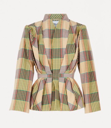 Vivienne Westwood NR.4 JACKET in YELLOW GREEN / women’s tartan print cinched waist jackets - flipped