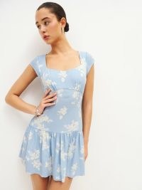 Reformation Olencia Dress Bijou ~ light blue floral cap sleeve mini dresses