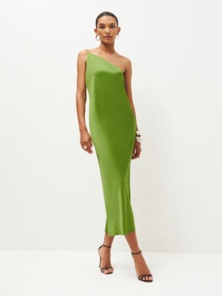 Reformation Olesia Satin Dress in Saguaro – green silky smooth one shoulder dresses – elegant evening fashion – asymmetric neckline – chic party clothes – luxury occasionwear - flipped