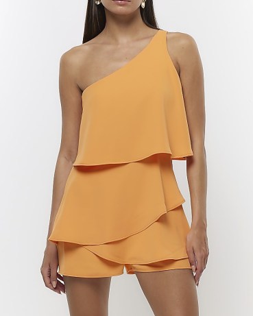 RIVER ISLAND ORANGE ONE SHOULDER LAYERED PLAYSUIT / women’s evening palysuits with an asymmetric neckline - flipped