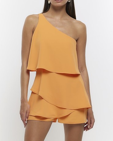 RIVER ISLAND ORANGE ONE SHOULDER LAYERED PLAYSUIT / women’s evening palysuits with an asymmetric neckline