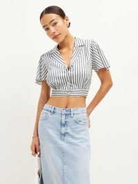 Reformation Payton Top in Antibes Stripe ~ cropped collared tops ~ women’s vintage style crop hem shirts