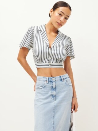 Reformation Payton Top in Antibes Stripe ~ cropped collared tops ~ women’s vintage style crop hem shirts - flipped