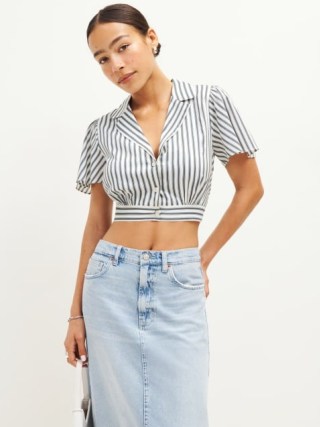Reformation Payton Top in Antibes Stripe ~ cropped collared tops ~ women’s vintage style crop hem shirts