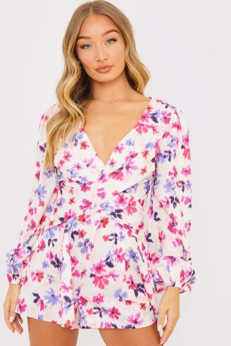 PERRIE SIAN PINK FLORAL PRINT TWIST FRONT BALLOON SLEEVE PLAYSUIT ~ women’s long sleeved playsuits - flipped