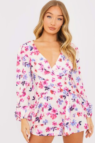 PERRIE SIAN PINK FLORAL PRINT TWIST FRONT BALLOON SLEEVE PLAYSUIT ~ women’s long sleeved playsuits