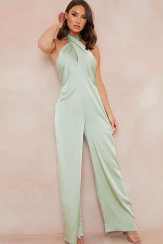 PERRIE SIAN SAGE SATIN CROSS FRONT JUMPSUIT ~ green halterneck jumpsuits ~ halter neck going out evening fashion - flipped
