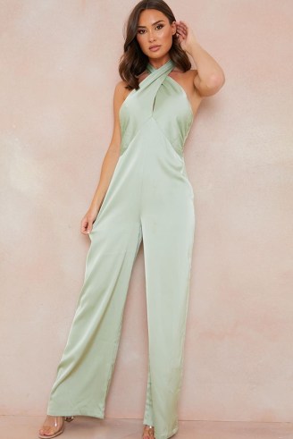 PERRIE SIAN SAGE SATIN CROSS FRONT JUMPSUIT ~ green halterneck jumpsuits ~ halter neck going out evening fashion