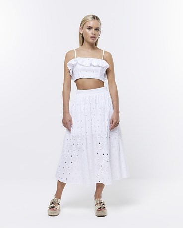 RIVER ISLAND PETITE WHITE BRODERIE MIDI SKIRT – women’s embroidered cut out detail summer skirts – womens cotton fashion - flipped