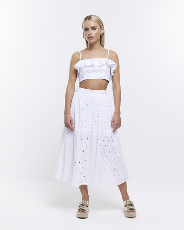 RIVER ISLAND PETITE WHITE BRODERIE MIDI SKIRT – women’s embroidered cut out detail summer skirts – womens cotton fashion