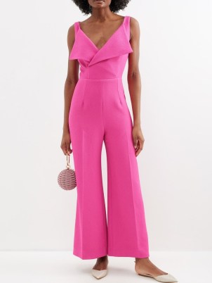 EMILIA WICKSTEAD Antica folded-neckline crepe jumpsuit – pink vintage style occasion jumpsuits – luxury retro look summer event clothing – luxe all-in-one evening fashion – vibrant clothes - flipped
