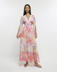 RIVER ISLAND PINK CHIFFON ABSTRACT PRINT BEACH MAXI DRESS ~ cut out beachwear ~ holiday poolside dresses ~ floaty cover up