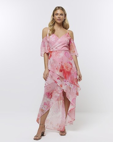 RIVER ISLABD PINK CHIFFON FLORAL SMOCK MAXI DRESS – feminine and floaty going out evening fashion – layered cold shoulder dresses – asymmetric party clothes - flipped