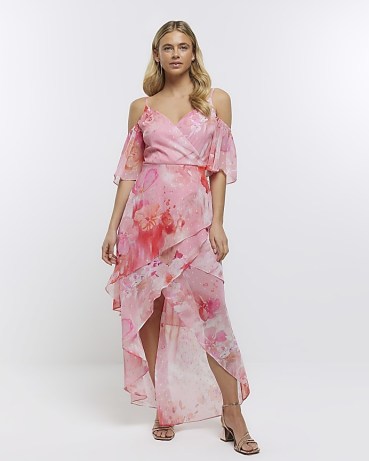 RIVER ISLABD PINK CHIFFON FLORAL SMOCK MAXI DRESS – feminine and floaty going out evening fashion – layered cold shoulder dresses – asymmetric party clothes