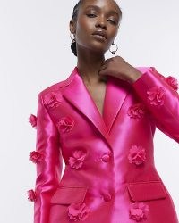 RIVER ISLAND PINK FLORAL SATIN BLAZER / 3D flower applique blazers / women’s occasion jackets / going out evening fashion