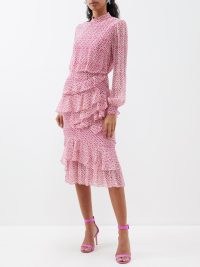 SALONI Isa floral-print ruffled silk midi dress ~ pink romantic ruffle trim dresses ~ feminine occasion fashion ~ romance inspired event clothes