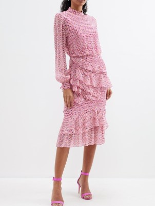 SALONI Isa floral-print ruffled silk midi dress ~ pink romantic ruffle trim dresses ~ feminine occasion fashion ~ romance inspired event clothes - flipped