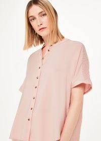 WHISTLES MAISIE SHIRRED SLEEVE BLOUSE in Pink ~ women’s linen curved dip hem blouses ~ womens shirt style button fastening tops